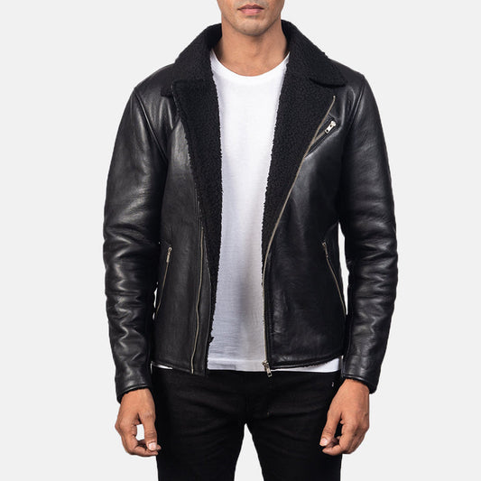 Close-up-of-black-faux-fur-collar-on-biker-jacket