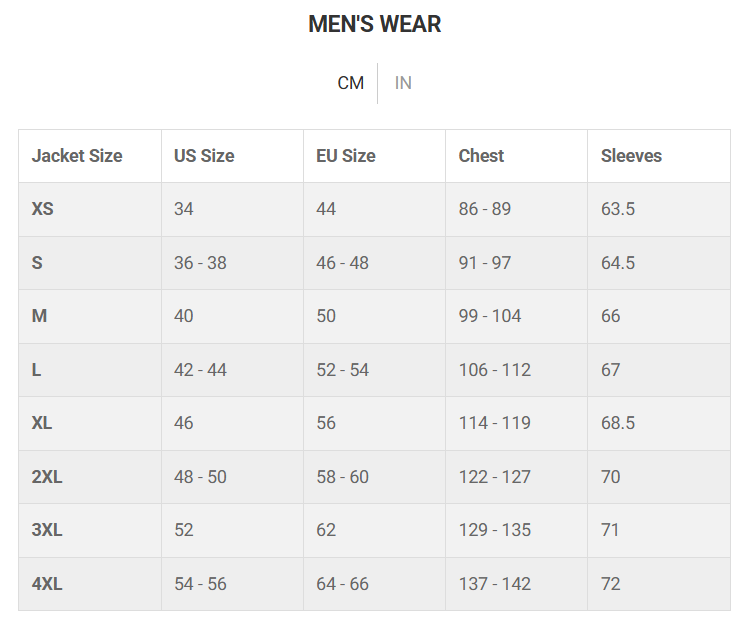 Size chart for men's wear with jacket size, US size, EU size, chest measurement, and sleeve length.