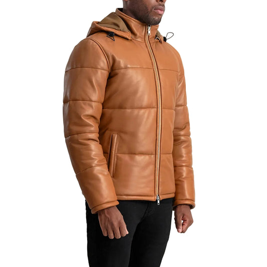 Gordon Tan Hooded Leather Puffer Jacket