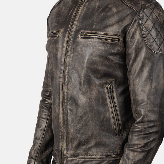 Brown leather jacket with quilted shoulder design on a white background