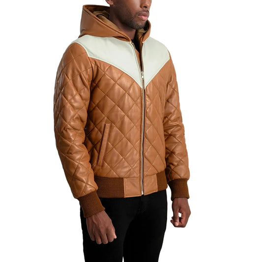 Norman Tan Hooded Bomber Leather Puffer Jacket