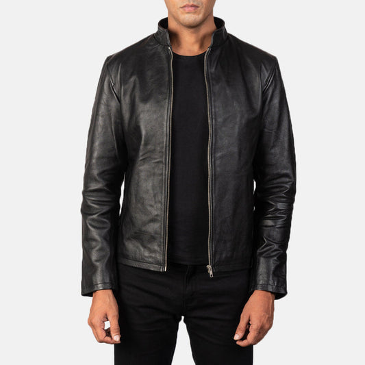 Phantom-black-hybrid-leather-biker-jacket-front-view-zip