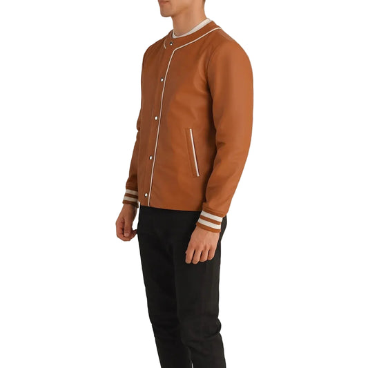Willis Tan Brown Leather Varsity Jacket