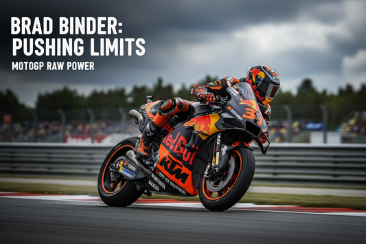 Brad Binder MotoGP KTM rider pushing hard through a sweeping corner - EA Gears rider profile