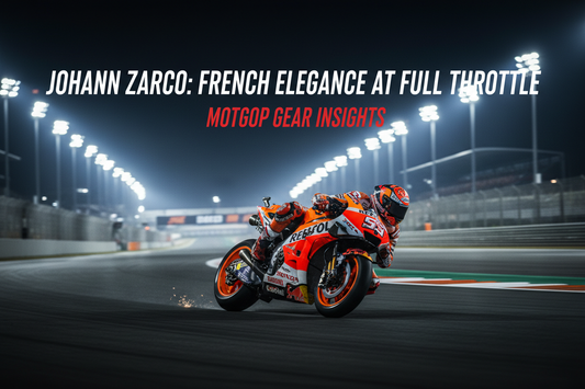 Johann Zarco MotoGP Honda rider carving through a corner with smooth French precision under floodlights - EA Gears rider profile