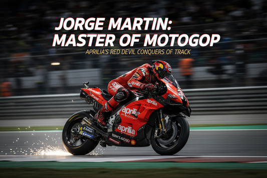orge Martín MotoGP racer leaning into a corner on an Aprilia at full speed - EA Gears rider profile