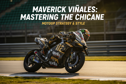 : Maverick Viñales MotoGP Aprilia rider carving through a chicane with perfect style - EA Gears rider profile