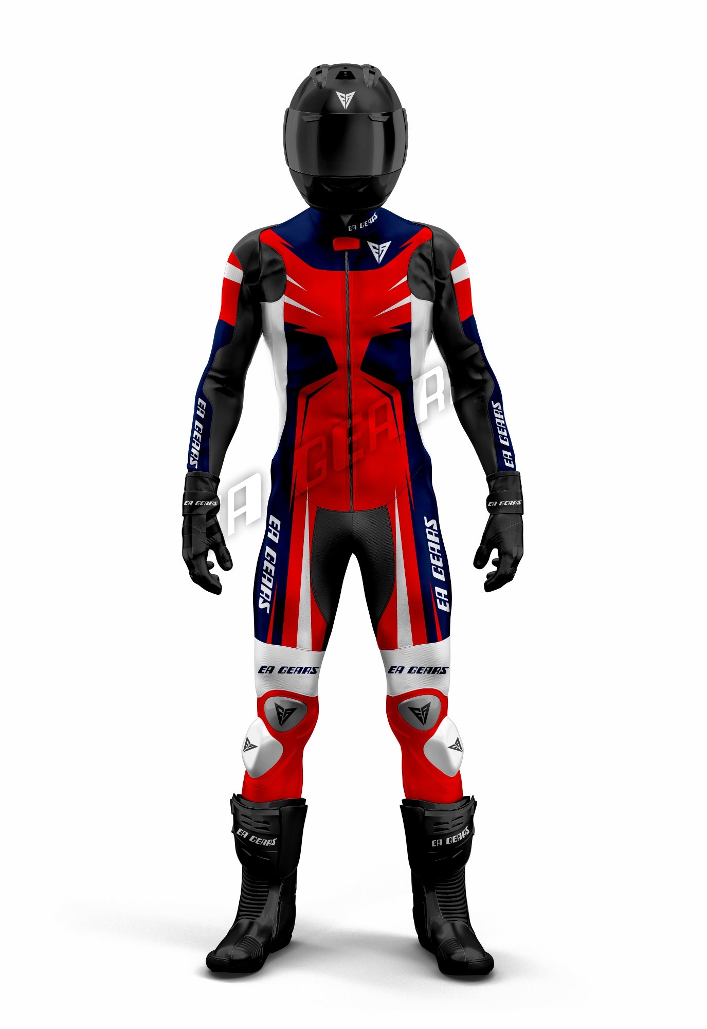 Full-body view of EA Gears Pro Motorcycle Racing Leather Suit in red, white, and blue, with a black helmet, gloves, and boots