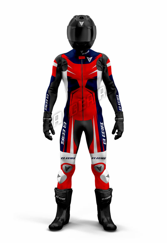 Full-body view of EA Gears Pro Motorcycle Racing Leather Suit in red, white, and blue, with a black helmet, gloves, and boots
