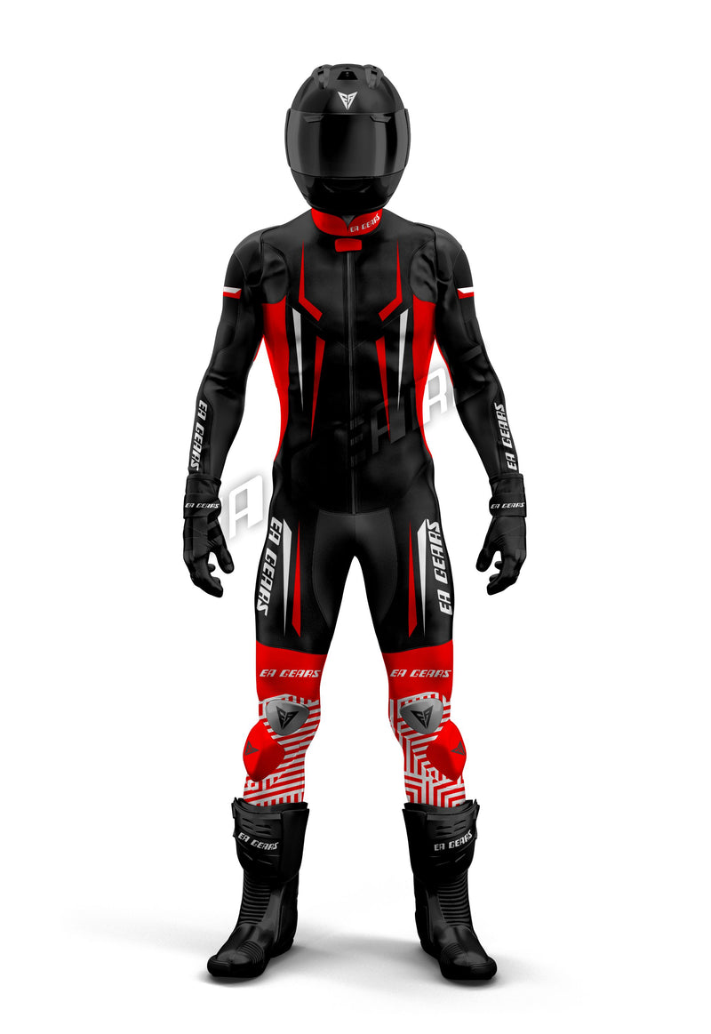 Professional black and red leather motorcycle racing suit with white technical pattern accents on shins, featuring CE armor and aerodynamic design