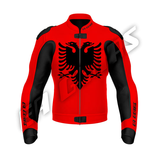 Albania Flag Red and black men’s biker leather jacket with double eagle motorcycle racing design