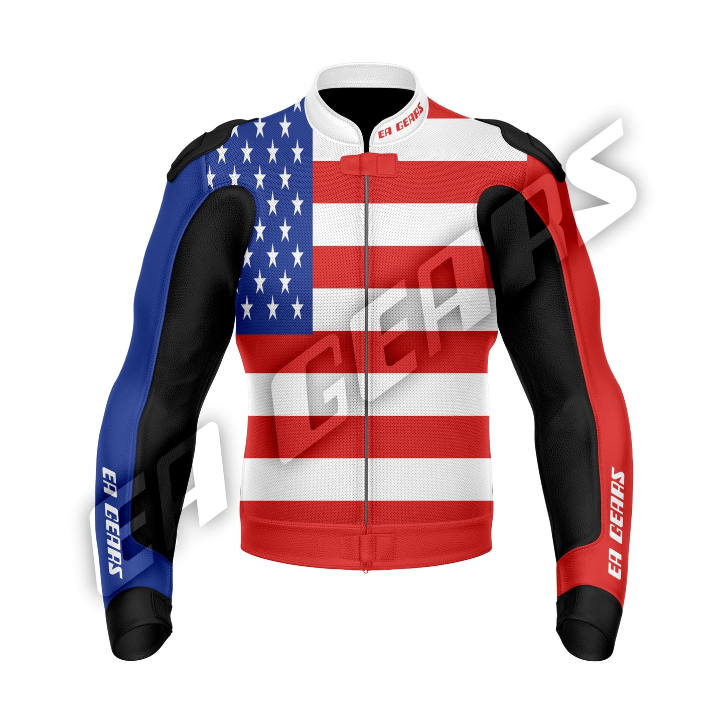 USA biker jacket featuring stars and stripes racing design
