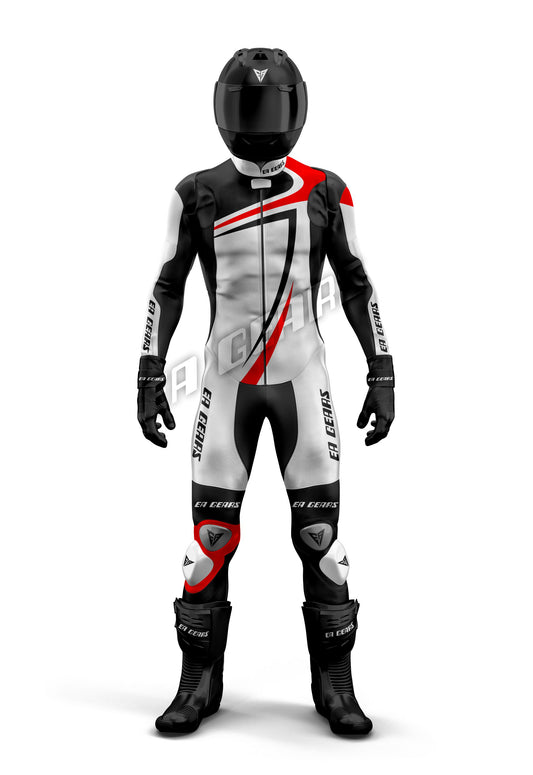 Full-body image of a high-quality one-piece & two-piece leather motorcycle racing suit in black, white, and red with a modern graphic design, featuring CE Level 1 & Level 2 armor and an aerodynamic hump.