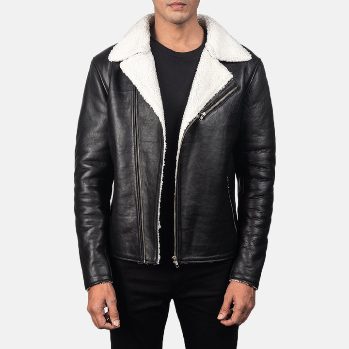 Artisan-black-leather-biker-jacket-white-contrast-stitching-zip