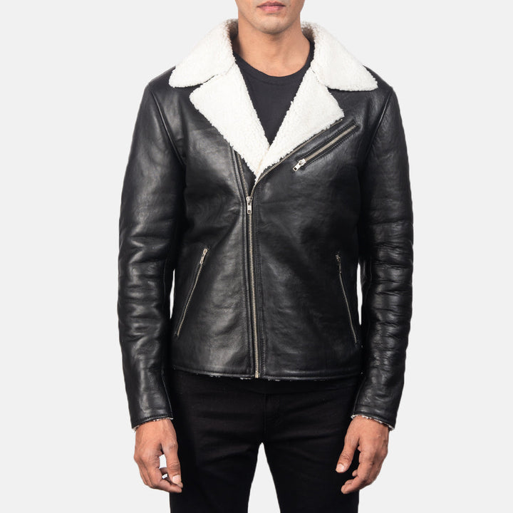 Artisan-black-leather-biker-jacket-white-contrast-stitching