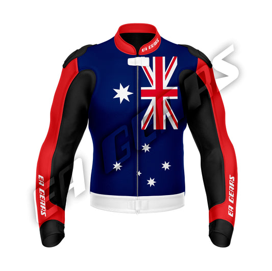 Motorcycle racing leather jacket with Australian flag design front view
