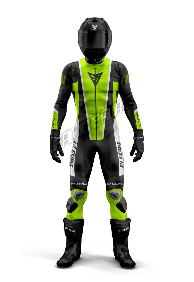 Black and electric green leather motorcycle racing suit for men and women