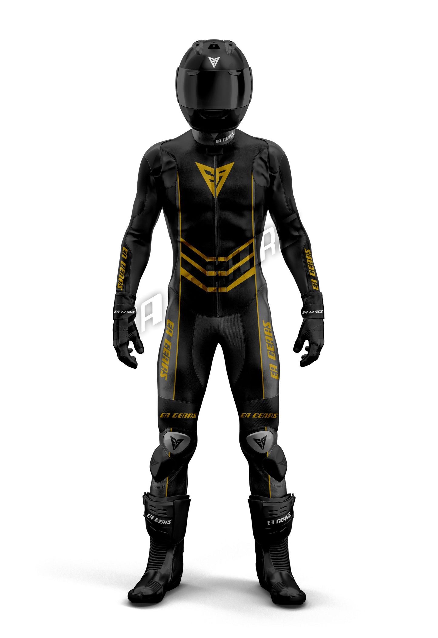 Black and Gold Motorcycle Racing Leather Suit for Men with CE Armor, Helmet, and Gloves, Front View
