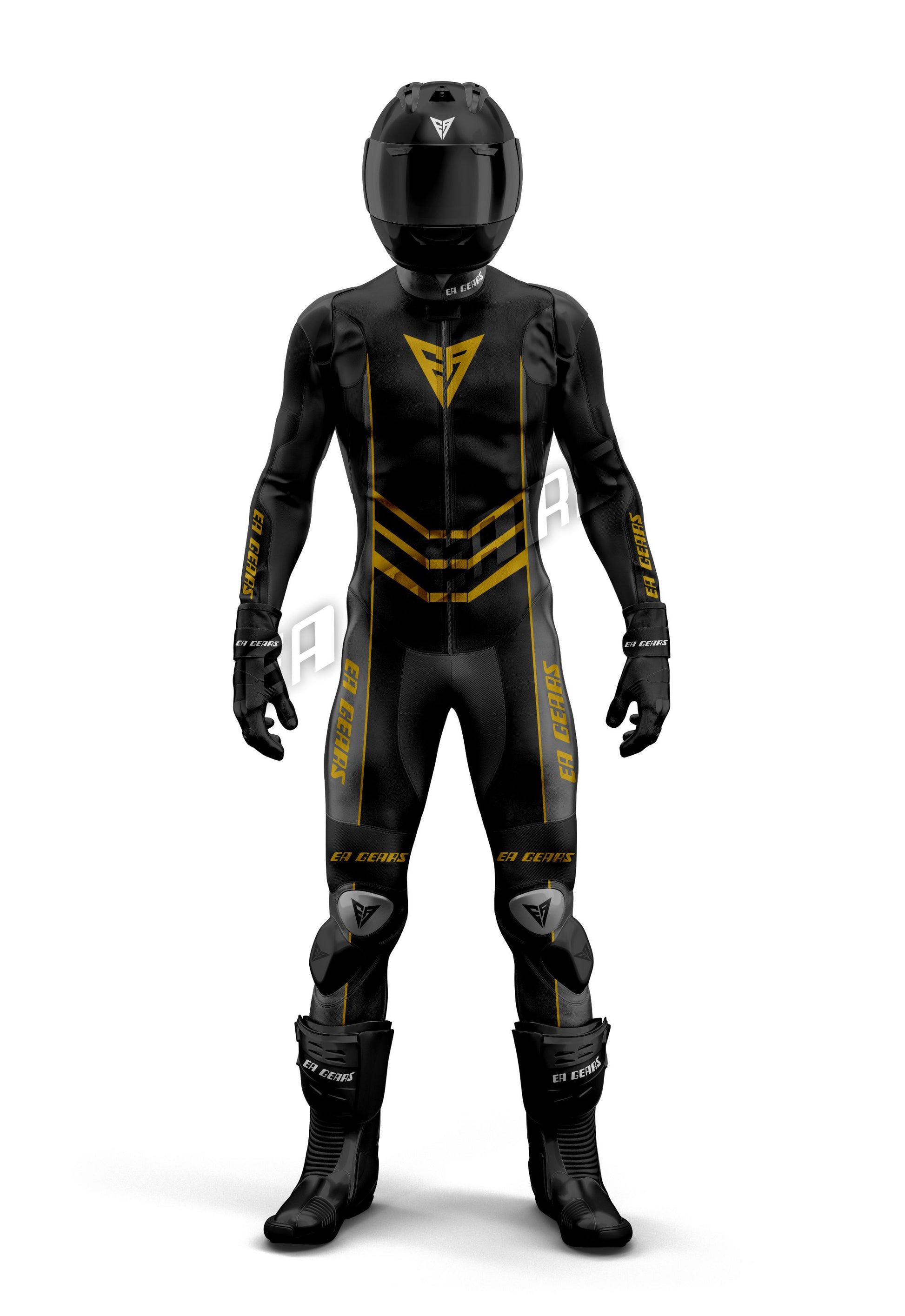 Black and Gold Motorcycle Racing Leather Suit for Men with CE Armor, Helmet, and Gloves, Front View