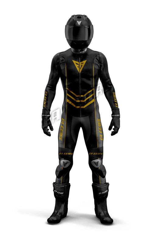 Black and Gold Motorcycle Racing Leather Suit for Men with CE Armor, Helmet, and Gloves, Front View