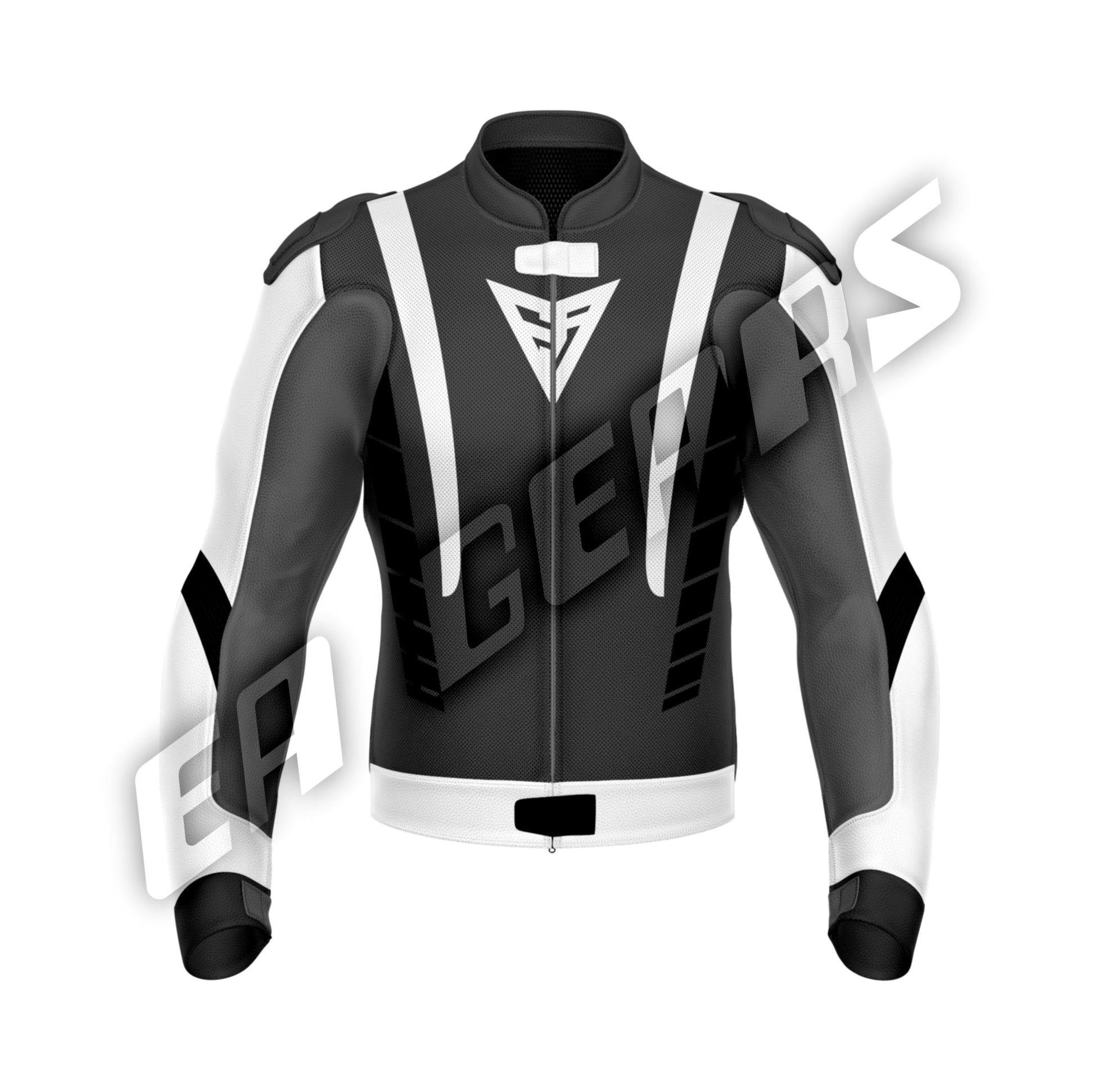 Black leather motorcycle racing jacket with white accents and CE protection