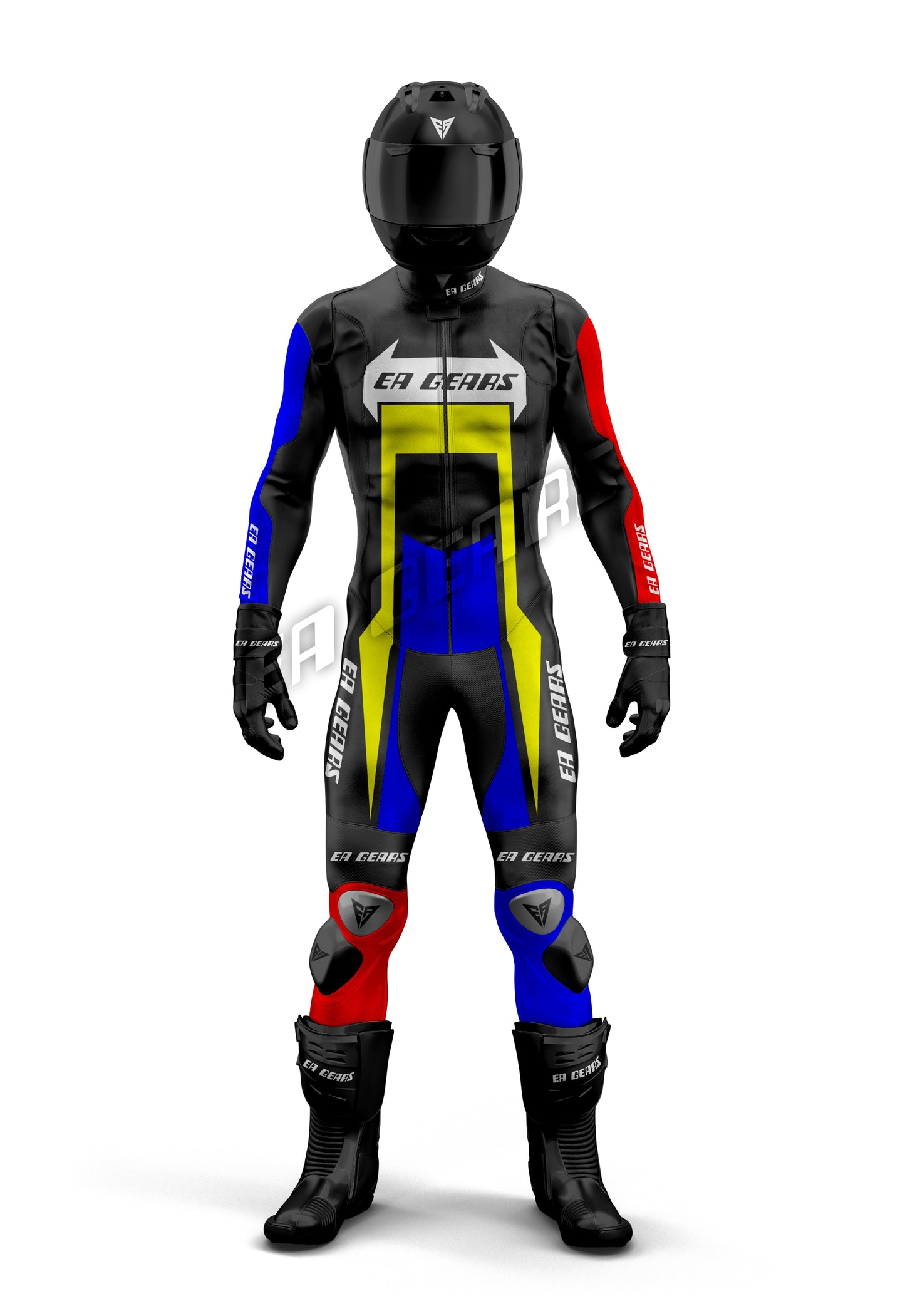 Black leather motorcycle racing suit with blue red and yellow panels