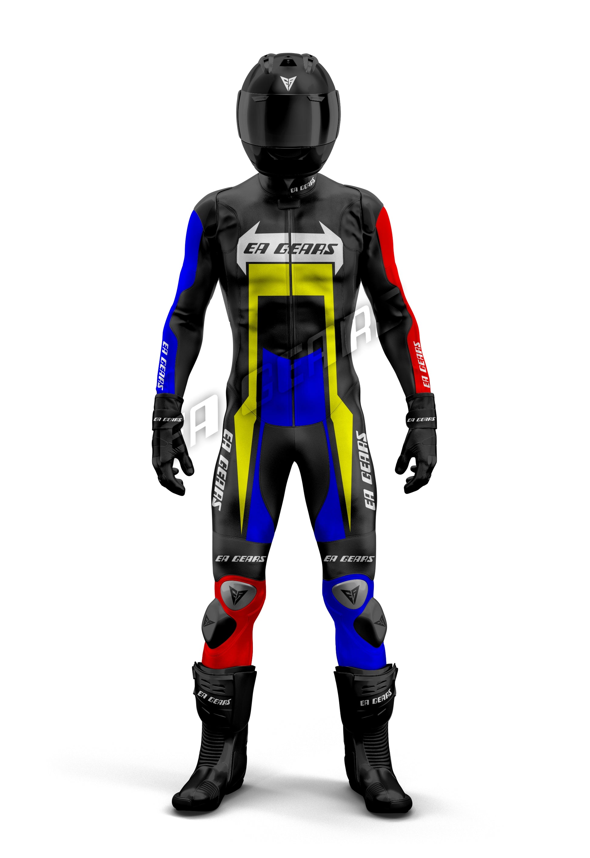 Black leather motorcycle racing suit with blue red and yellow panels