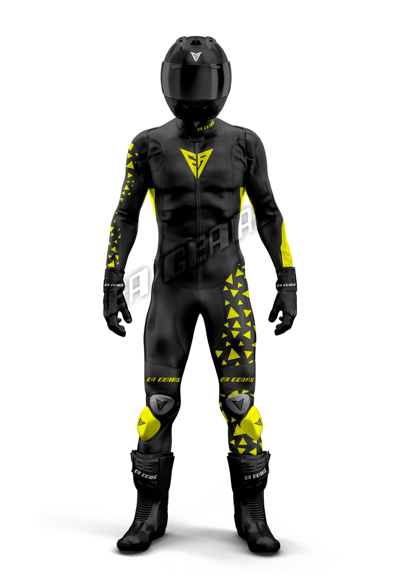High visibility black yellow biker racing suit