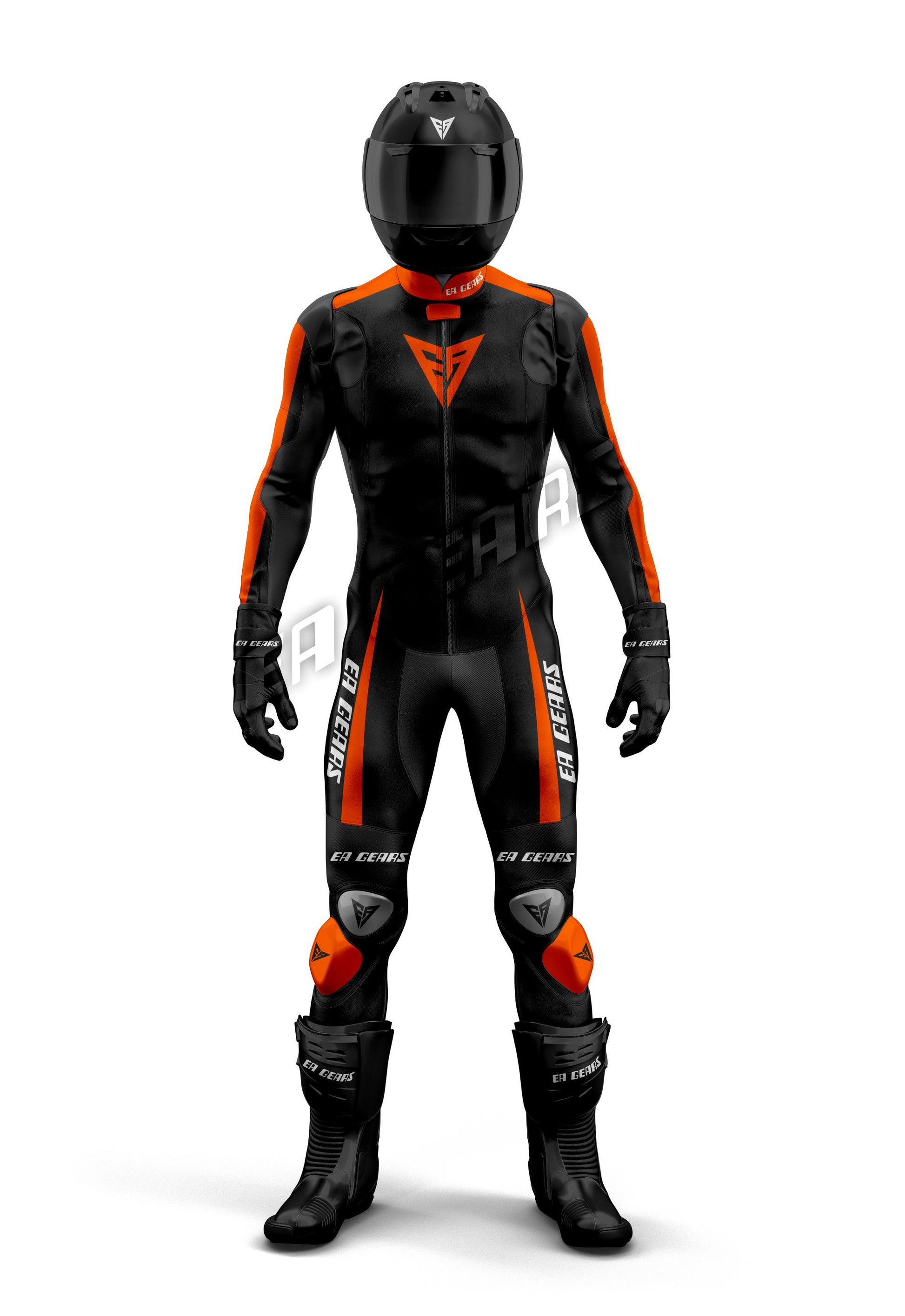 Full front view of Men's one-piece Black and Orange leather motorcycle racing suit with helmet | Track Day Gear