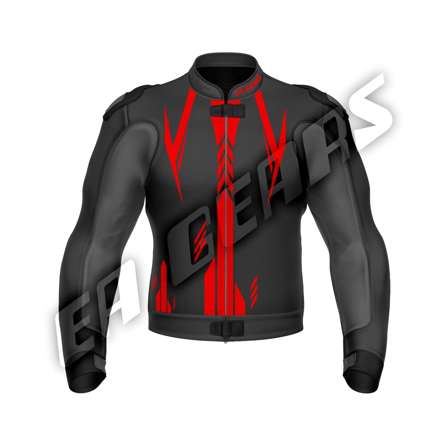 Black and red men’s motorcycle riding jacket with armored protection – front view