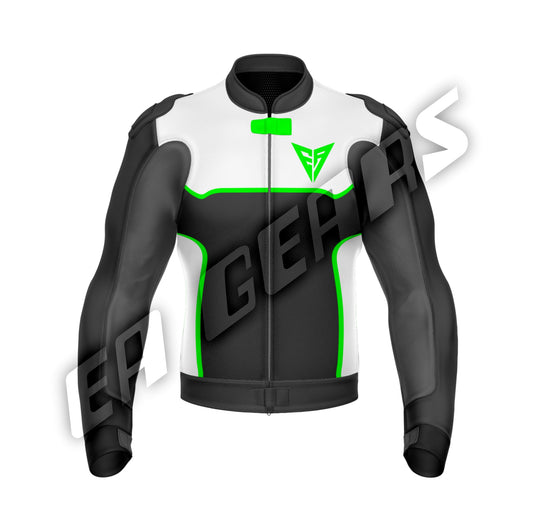 Black and white leather motorcycle racing jacket with green accents and CE protection
