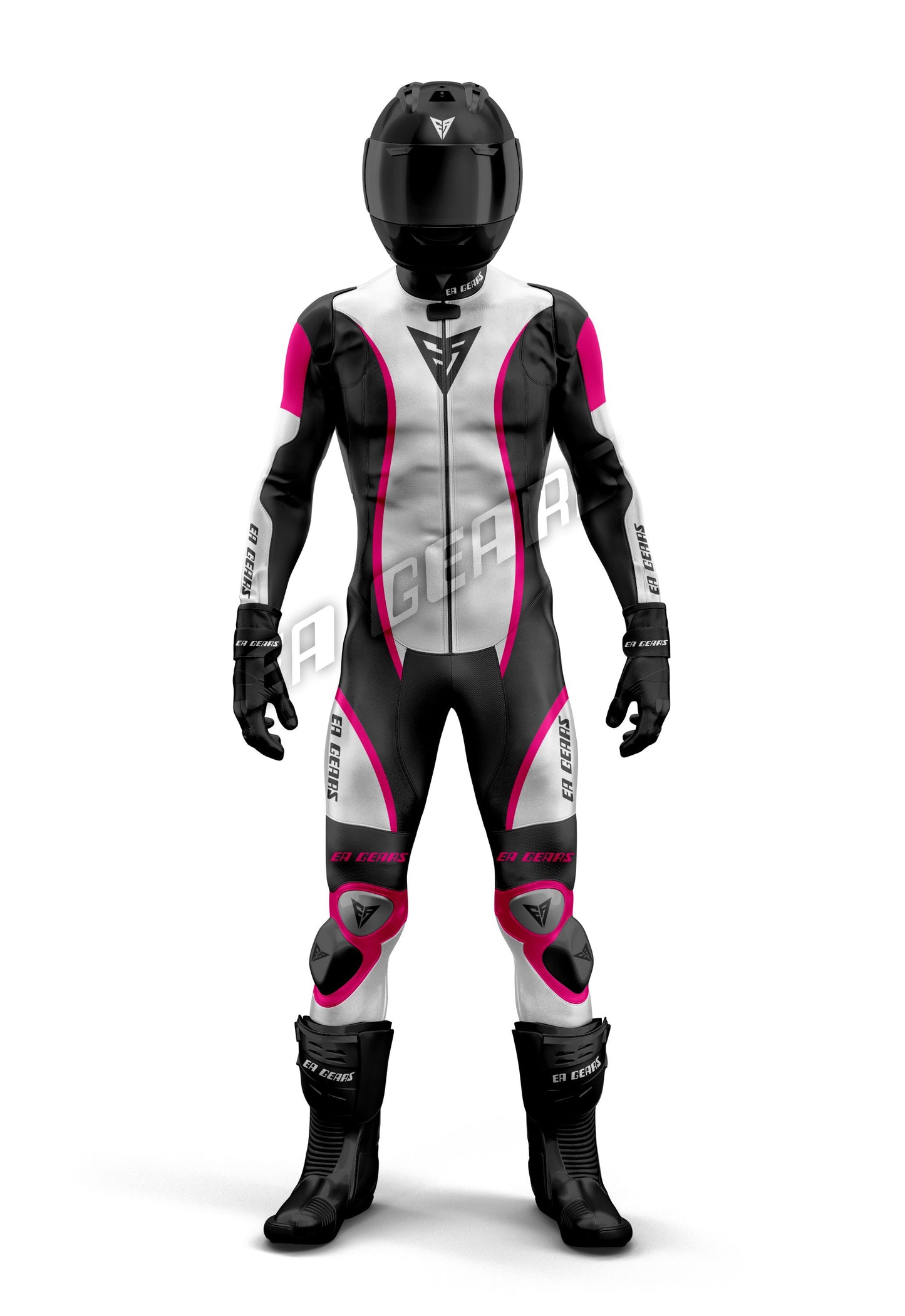 One-piece women's motorcycle racing suit in black and white with vivid neon pink accents and CE-approved protective armor.