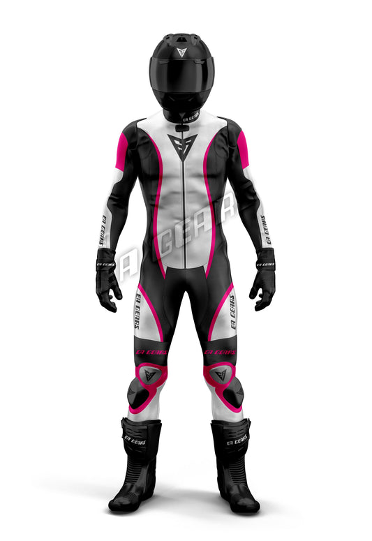 One-piece women's motorcycle racing suit in black and white with vivid neon pink accents and CE-approved protective armor.