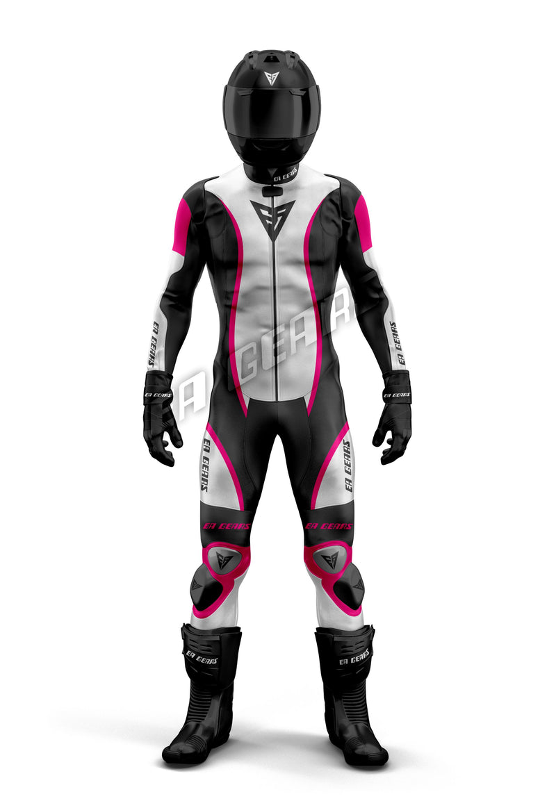 One-piece women's motorcycle racing suit in black and white with vivid neon pink accents and CE-approved protective armor.