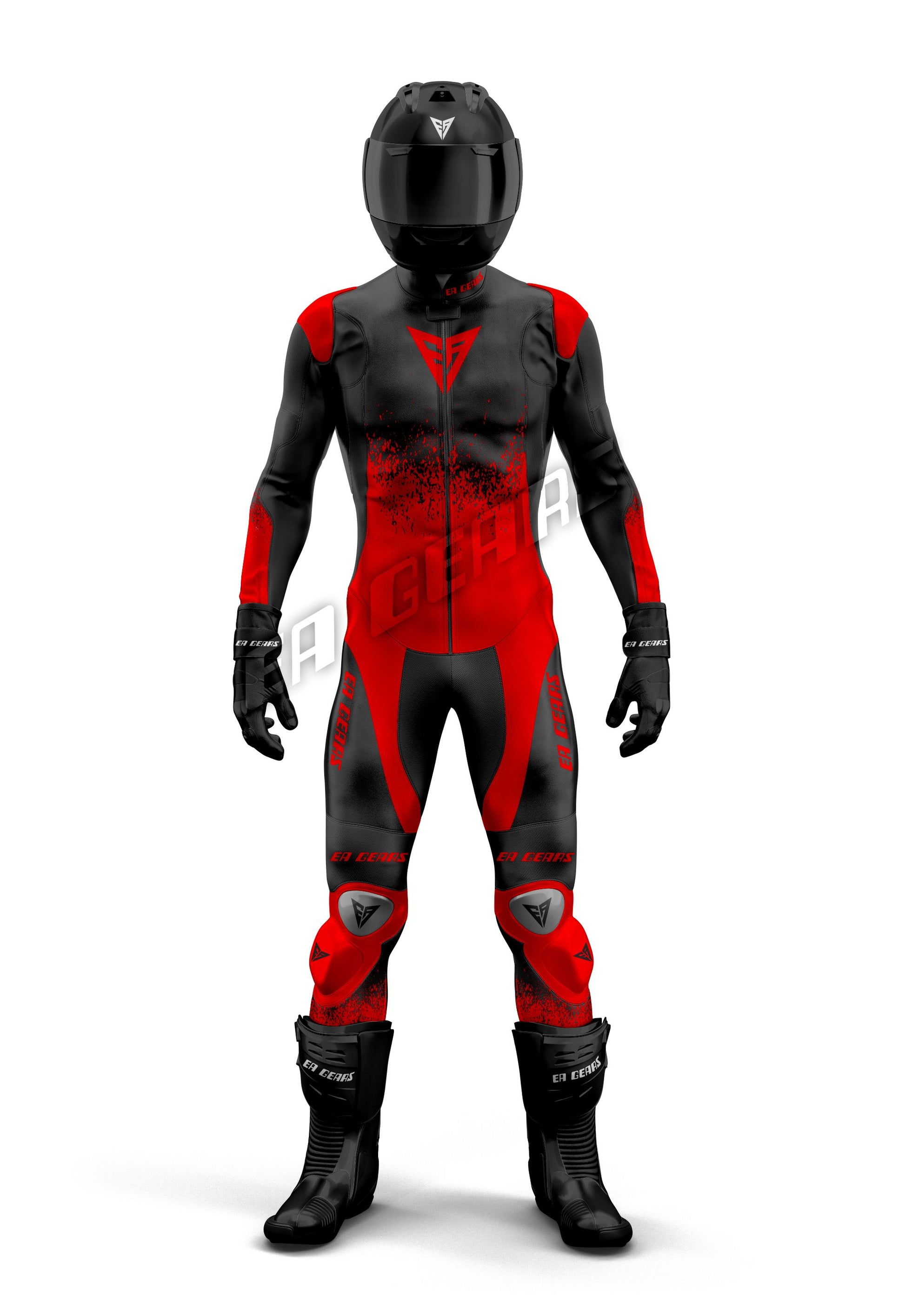Aggressive black and red leather motorcycle racing suit with a unique distressed or blood splatter graphic design, featuring CE armor and a pro track fit