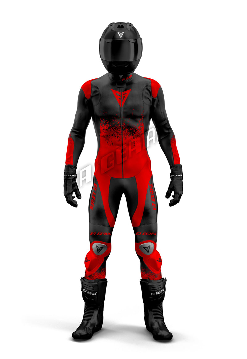 Aggressive black and red leather motorcycle racing suit with a unique distressed or blood splatter graphic design, featuring CE armor and a pro track fit