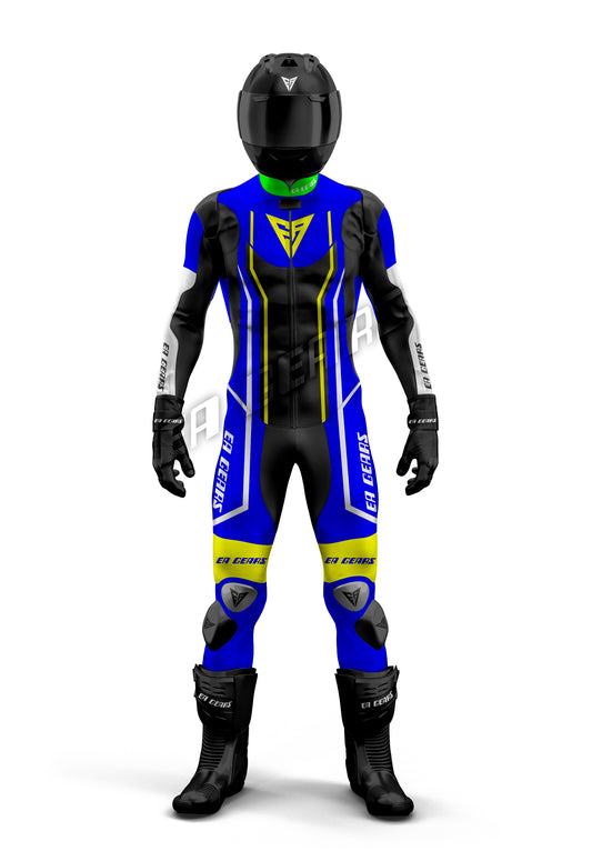 Blue black and neon yellow leather motorcycle racing suit