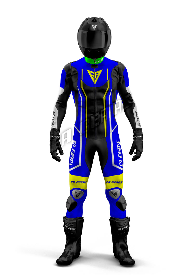 Blue black and neon yellow leather motorcycle racing suit