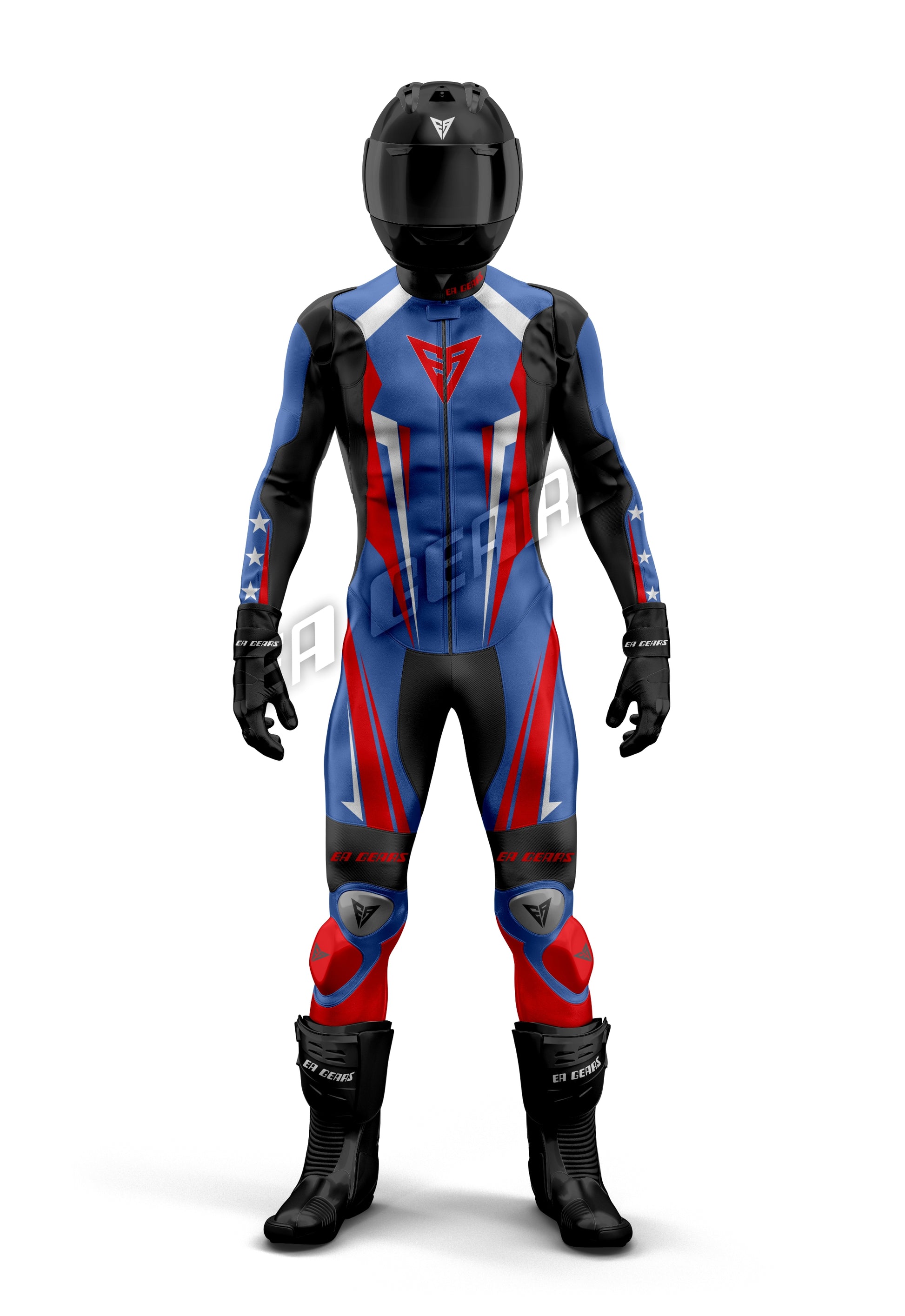 EA Gears blue red  white leather race suit