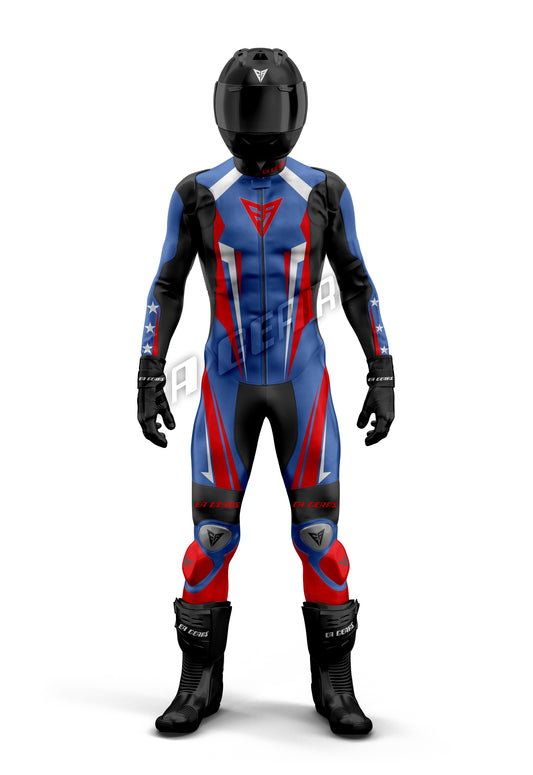 EA Gears blue red  white leather race suit
