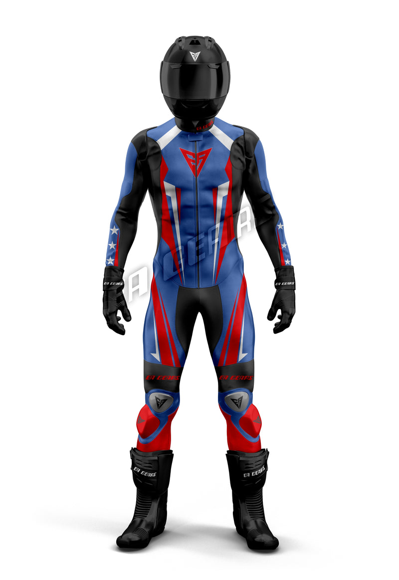 EA Gears blue red  white leather race suit