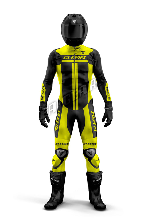 one-piece & Two-Piece CE Level 1 armored Black and Fluorescent Yellow leather racing suit with full face helmet