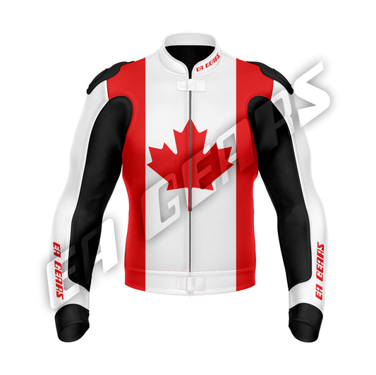 Canada flag motorcycle leather jacket with armored shoulders and racing fit