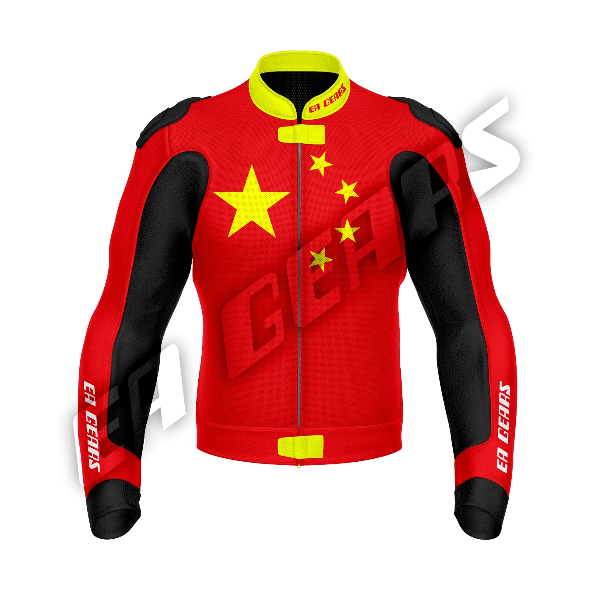 Red yellow Chinese flag inspired biker leather jacket premium design