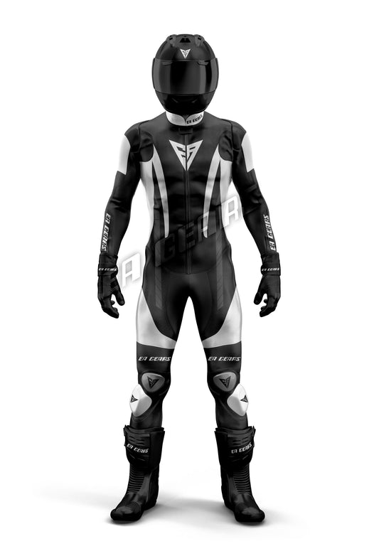 Full front view of Men's one-piece Classic Black and White leather motorcycle racing suit with helmet | Pro Track Gear