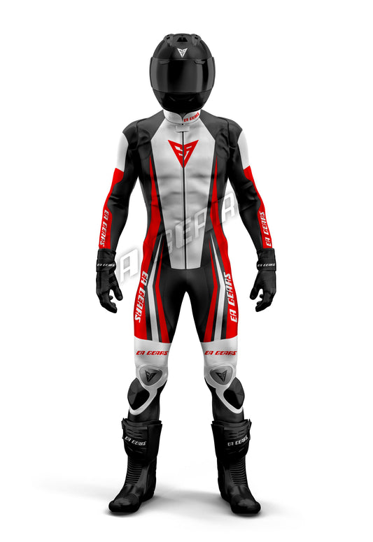 High-performance motorcycle racing leather suit in classic black, white, and red design, featuring a central white panel and integrated CE protection