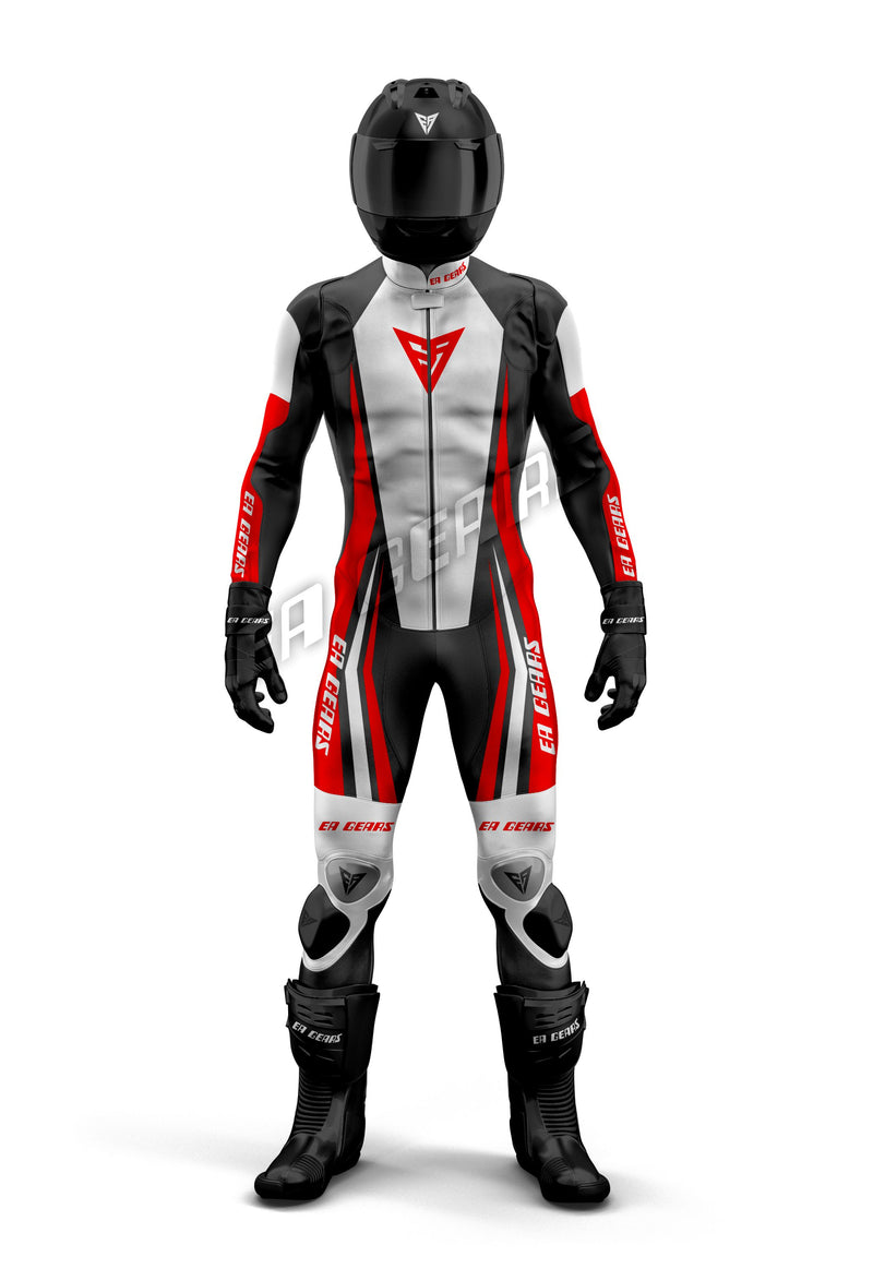 High-performance motorcycle racing leather suit in classic black, white, and red design, featuring a central white panel and integrated CE protection