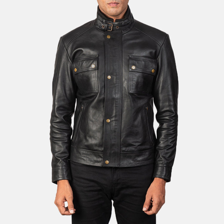 Commander-black-tactical-leather-biker-jacket-front-view