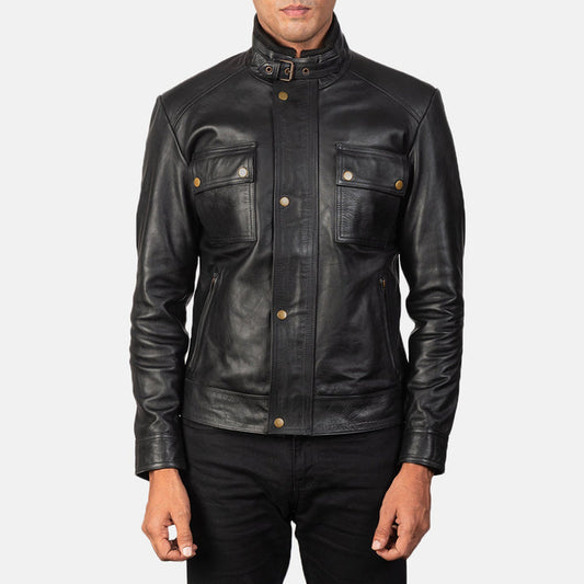 Commander-black-tactical-leather-biker-jacket-front-view