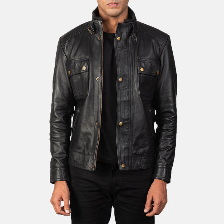 Commander-black-tactical-leather-biker-jacket-front-view-zip